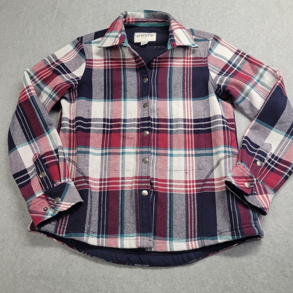 Orvis Fleece Lined Flannel Shirt Jacket Womens Small Red Navy Plaid Snap Front